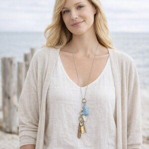 J. Jill Mixed Metal Charm Necklace Blue Tassel Long Chain Artisan Boho Layered